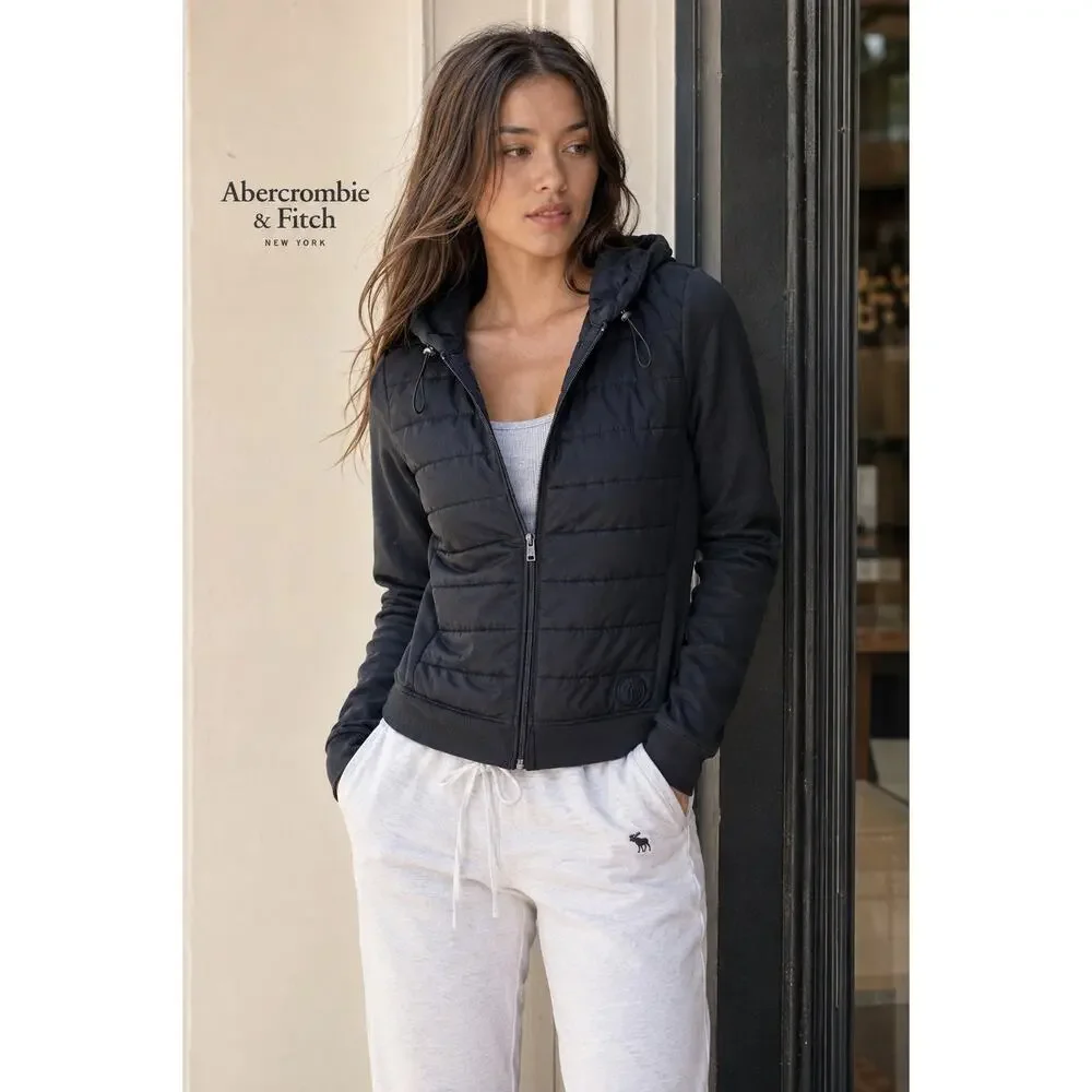 Abercrombie & Fitch Women’s XS Black Quilted Hybrid Hooded Zip Jacket Y2K Puffer